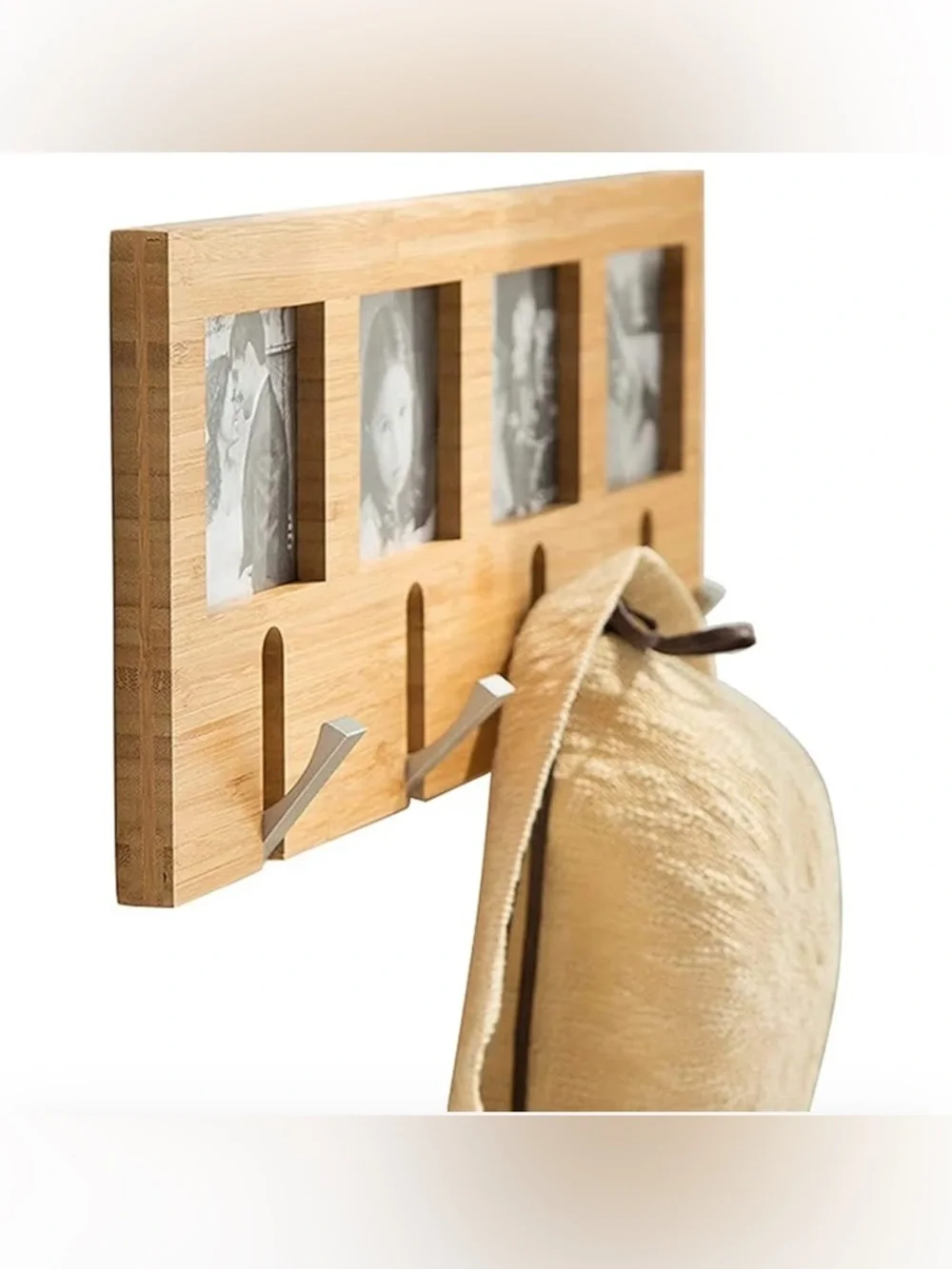 New in plastic 4 Wooden Photo Frame Coat Rack in Natural white tan wood
